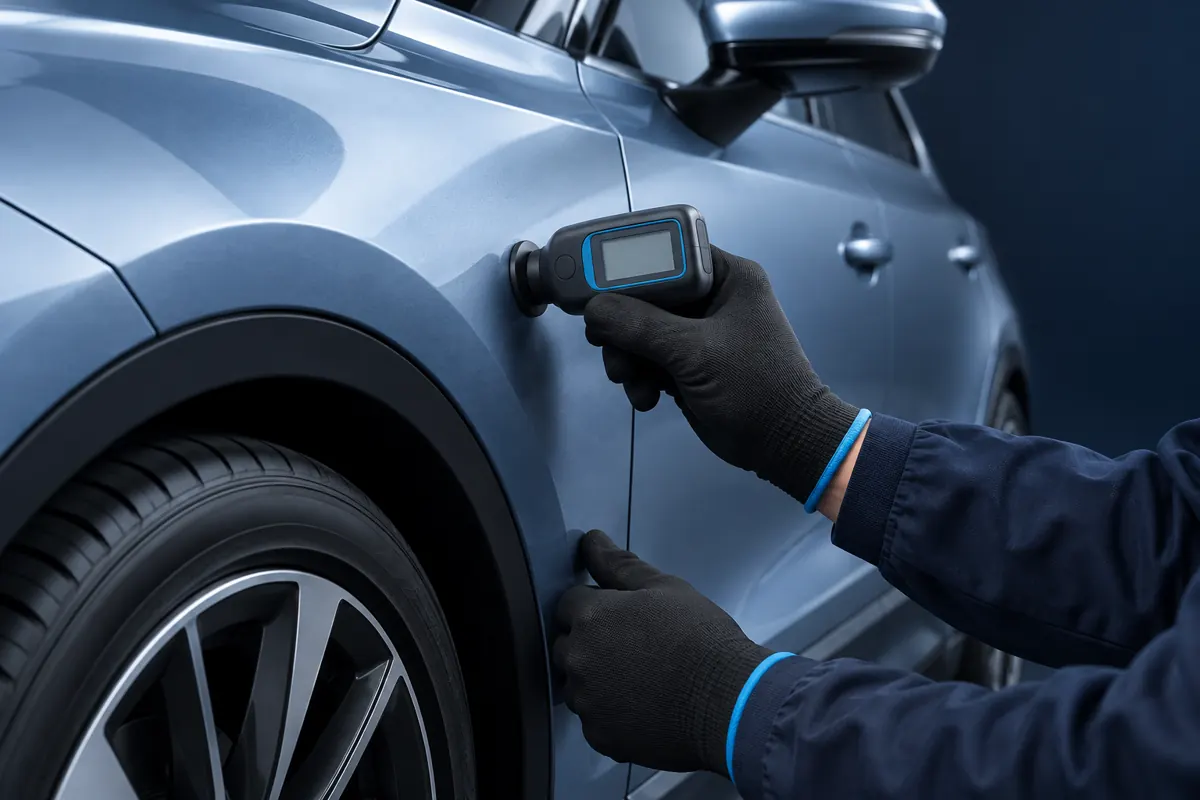 Illustration of a paint-thickness check on a car body panel